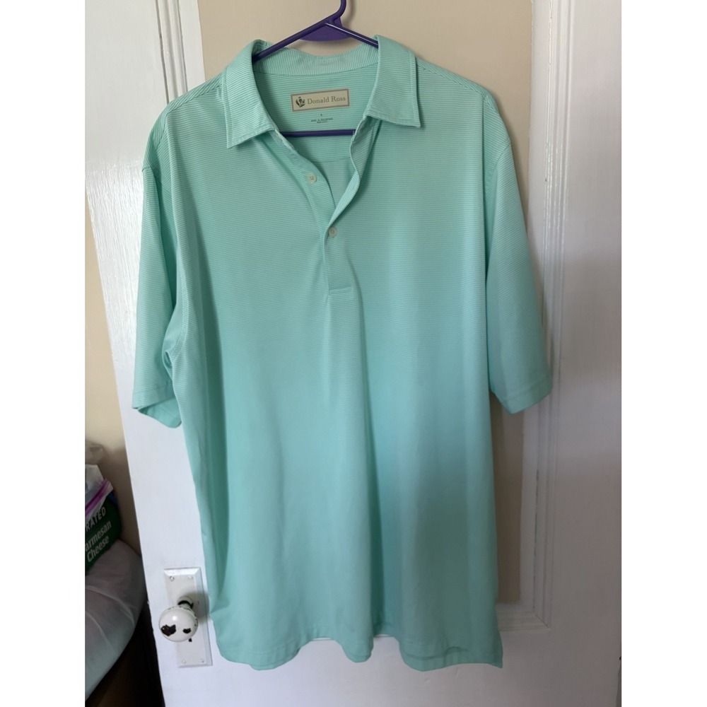 Donald Ross Men's Polo Shirt L Green/White Striped Short Sleeve Logo Button